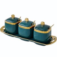 Ceramic Condiment Set Seasoning Pot With Ceramic Tray, Serving Spoon And Lid - Color: Assorted