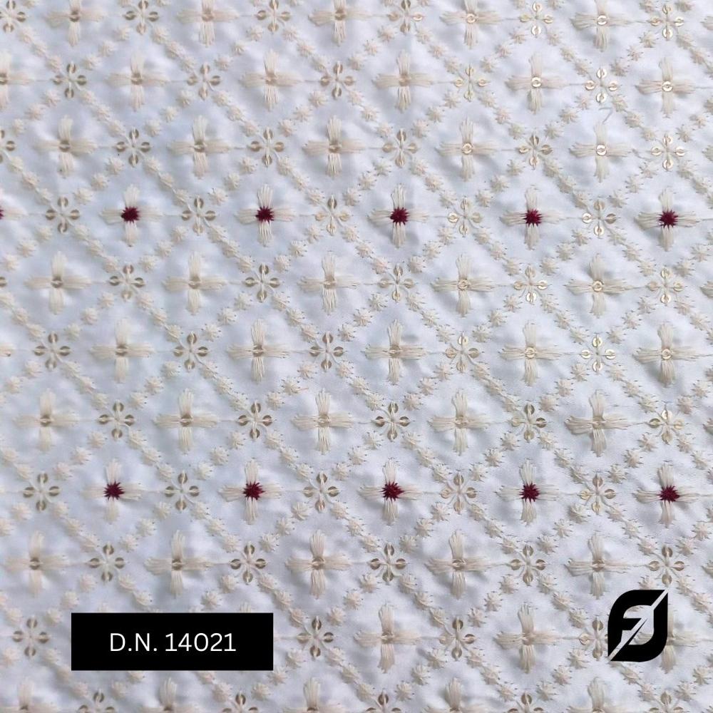 Madhav Fashion Premium Malai Satin Embroidered Sherwani Fabric, Red & Off-White, 44 Inch