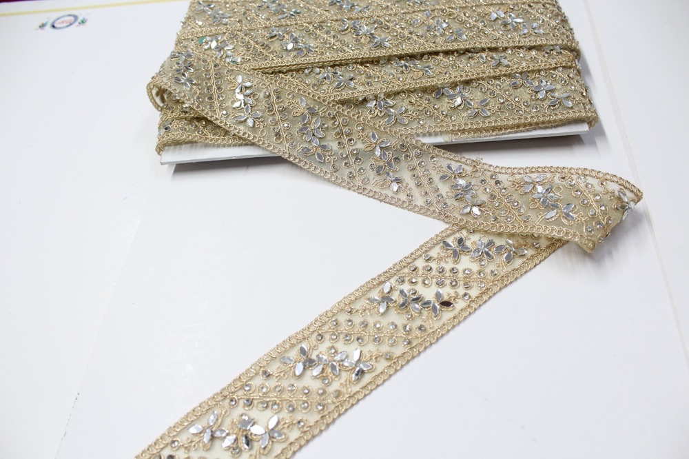 Designer Golden mirror ,moti Lace