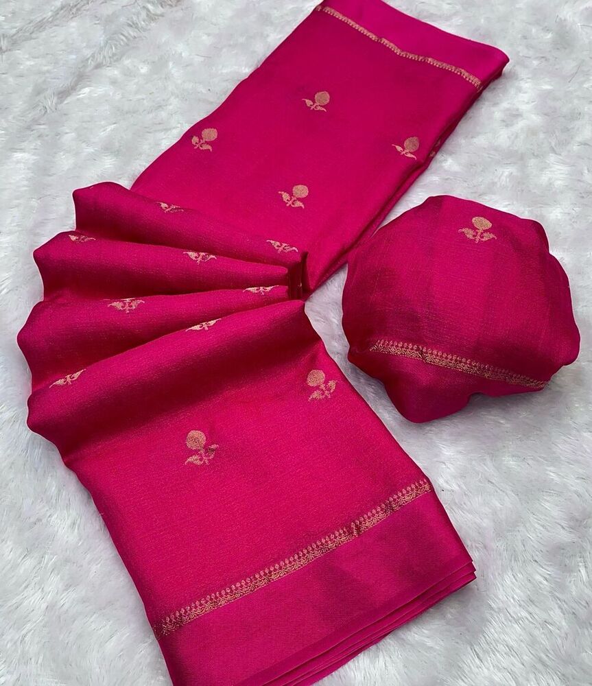 Pure Khadi Saree - Viscose Silk Fabric With Satin Border Pink Color Modern Jacquard Leaf Design Skin Friendly & Washable For Parties