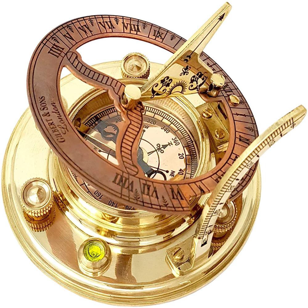 Antique Brass & Copper Sundial Compass, Sundial Clock with Leather Case