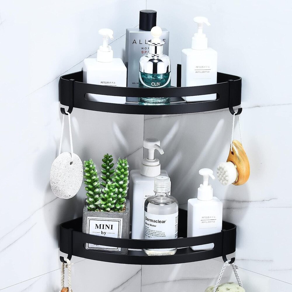Corner Shower Caddy Aluminium Shelf with Removable Hooks for Bathroom, Kitchen, Home
