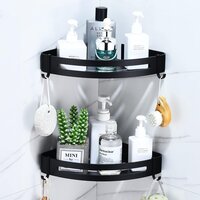 Corner Shower Caddy Aluminium Shelf With Removable Hooks For Bathroom, Kitchen, Home - Color: Black