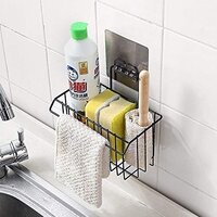 Metal Hanging Basket Wall Mounted Bathroom Kitchen Sink Sponge Holder With Towel Hanger - Color: Black