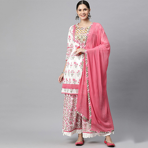 Straight Style Cotton Fabric Pink Kurti With Bottom And Dupatta