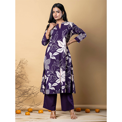 Straight Style Cotton Fabric Purple Kurta And Bottom