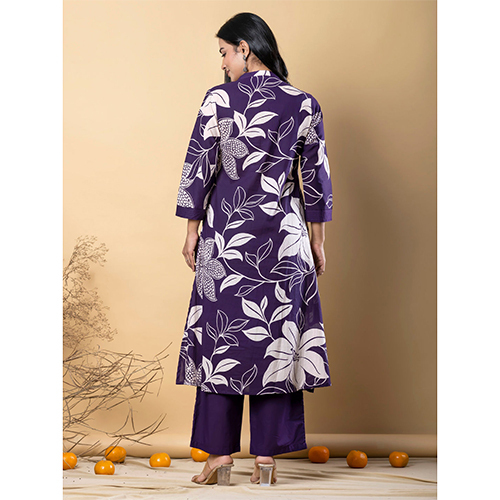 Straight Style Cotton Fabric Purple Kurta And Bottom