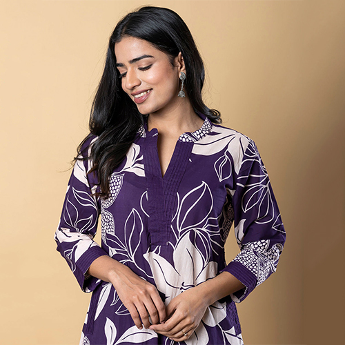 Straight Style Cotton Fabric Purple Kurta And Bottom