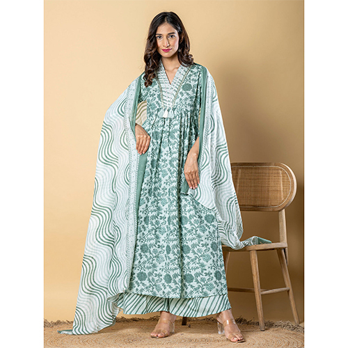 Anarkali Style Cotton Fabric Green Kurta And Bottom With Dupatta