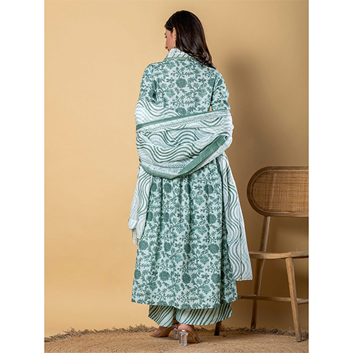 Anarkali Style Cotton Fabric Green Kurta And Bottom With Dupatta