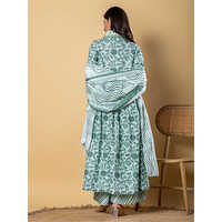 Anarkali Style Cotton Fabric Green Kurta And Bottom With Dupatta