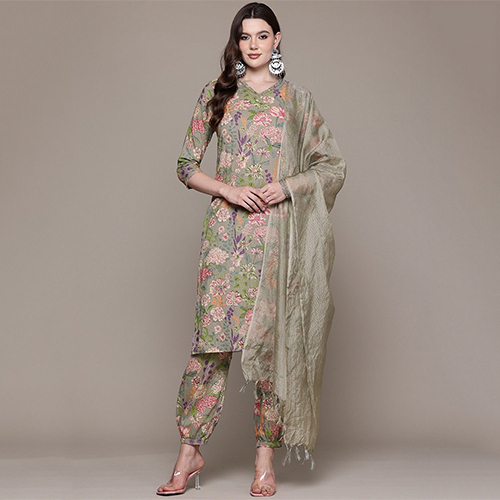 Straight Style Cotton Fabric Olive Kurta With Patiala And Dupatta