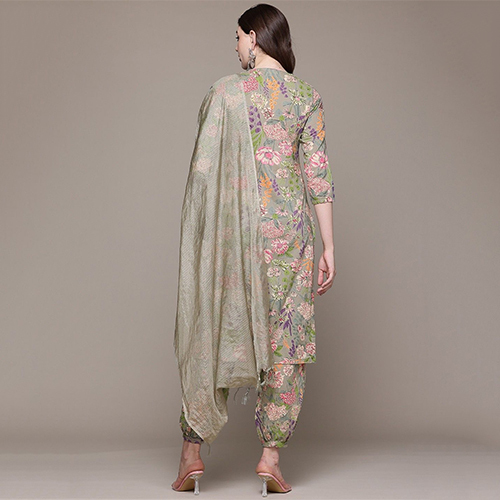 Straight Style Cotton Fabric Olive Kurta With Patiala And Dupatta