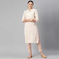 Straight Style Cotton Fabric Off White Kurti With Bottom