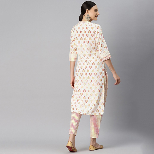 Straight Style Cotton Fabric Off White Kurti With Bottom