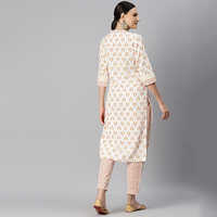 Straight Style Cotton Fabric Off White Kurti With Bottom