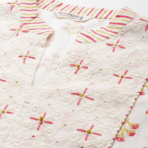 Straight Style Cotton Fabric Off White Kurti With Bottom