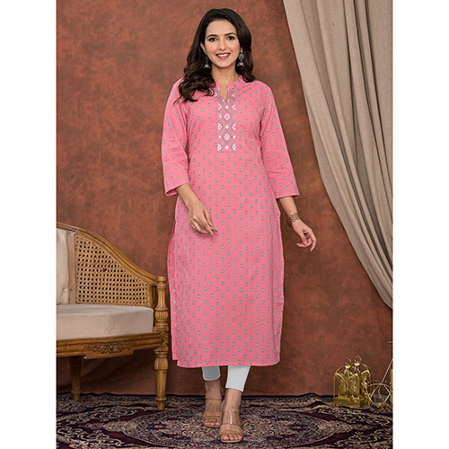 स्ट्रेट स्टाइल कॉटन फैब्रिक पीच कुर्ता