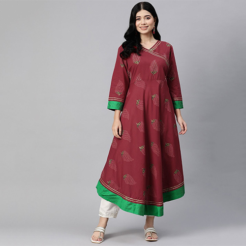 Anarkali Style Cotton Fabric Maroon Kurti