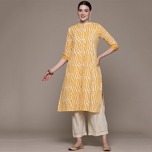 A Line Style Cotton Fabric Yellow Kurta