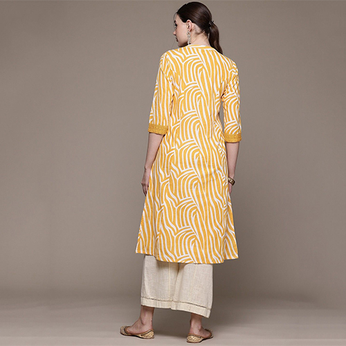 A Line Style Cotton Fabric Yellow Kurta