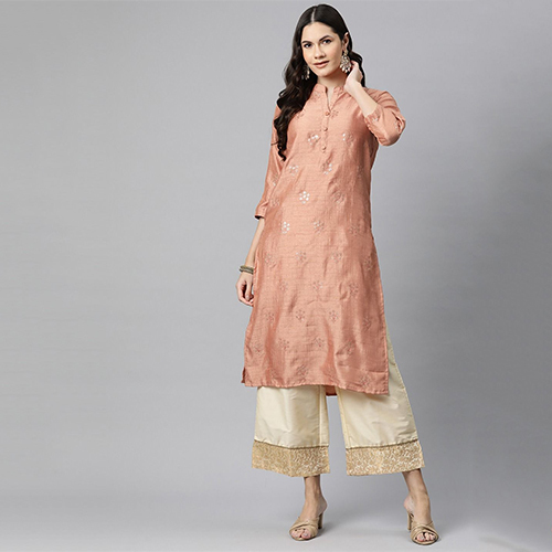 Womens Silk Sequinned Straight Kurta