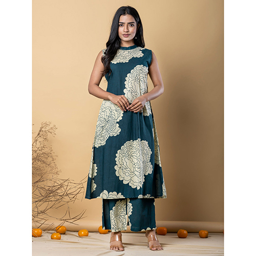 A Line Style Cotton Fabric Teal Kurta And Bottom