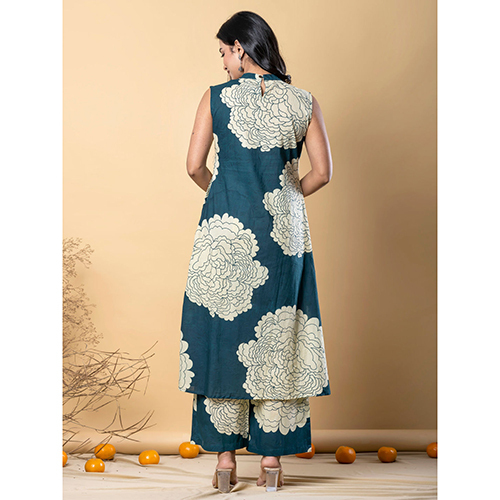 A Line Style Cotton Fabric Teal Kurta And Bottom