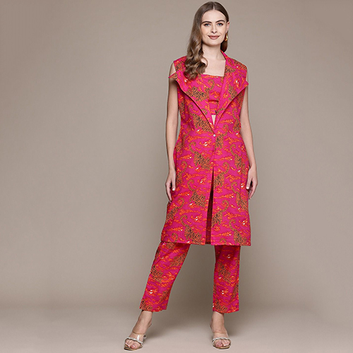 Straight Style Cotton Fabric Magenta Co-ord Set With Shrug
