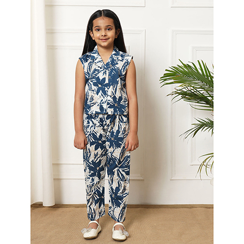 Girls Straight Style Cotton Fabric Blue Co-ord Set