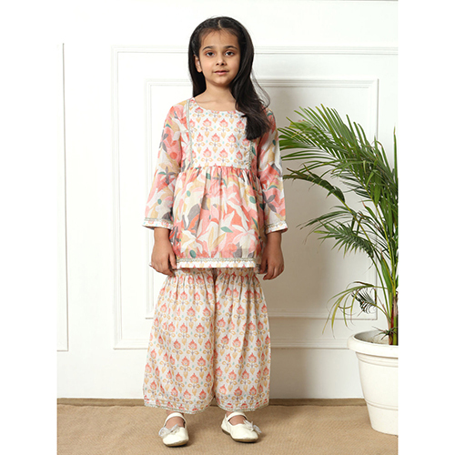 Frock Style Kota Doria Fabric Off White Kurti With Sharara