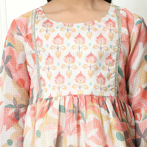 Frock Style Kota Doria Fabric Off White Kurti With Sharara
