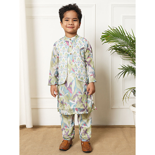 Boys Straight Style Kota Doria Fabric Green Kurta And Pyjama
