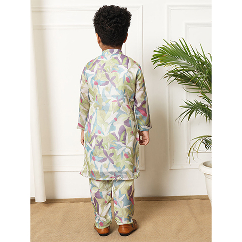 Boys Straight Style Kota Doria Fabric Green Kurta And Pyjama