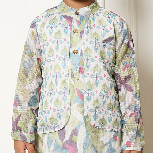 Boys Straight Style Kota Doria Fabric Green Kurta And Pyjama