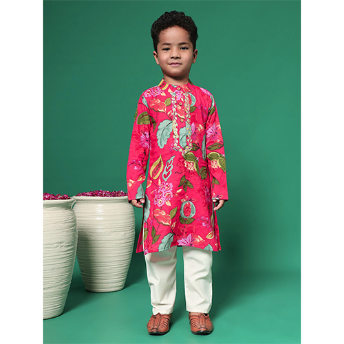 Boys Straight Style Cotton Fabric Red Kurta And Pyjama