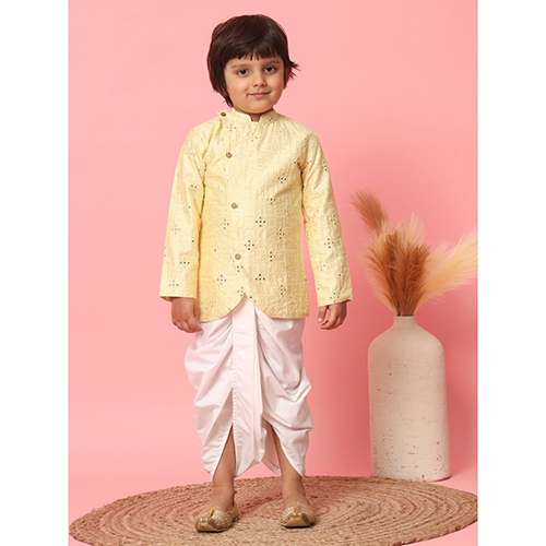 Sherwani Style Silk Fabric Yellow Kurta With Dhoti Pant