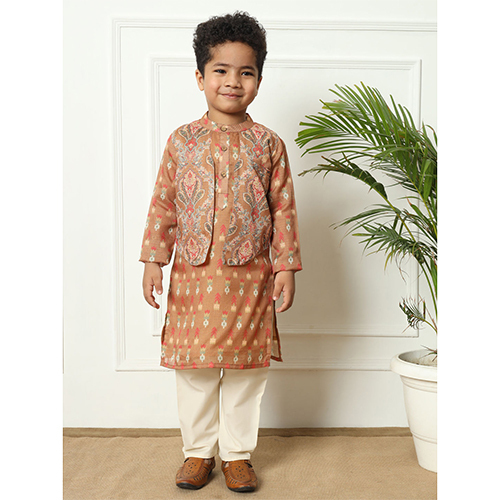 Boys Straight Style Kota Doria Fabric Brown Kurta And Pyjama
