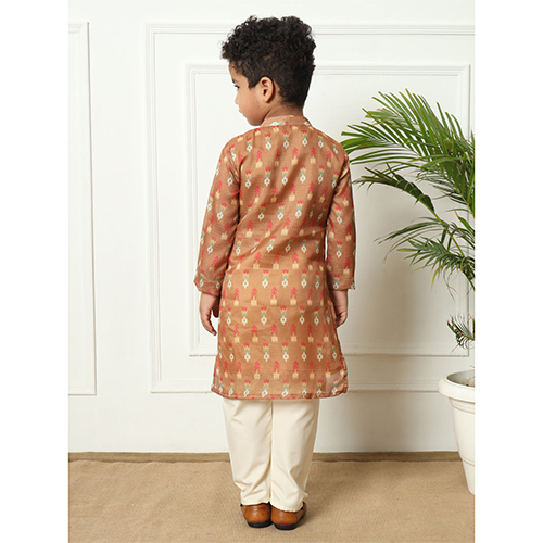 Boys Straight Style Kota Doria Fabric Brown Kurta And Pyjama