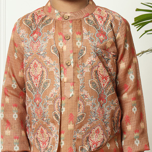 Boys Straight Style Kota Doria Fabric Brown Kurta And Pyjama