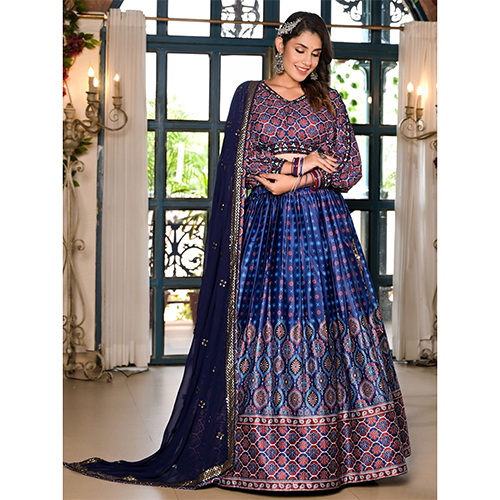 Satin Silk Fabric Blue Lehenga Choli With Dupatta