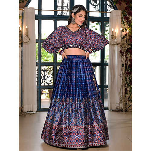 Satin Silk Fabric Blue Lehenga Choli With Dupatta