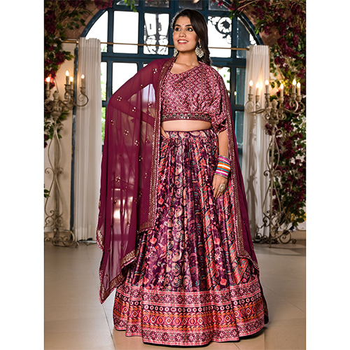 Satin Silk Fabric Purple Lehenga Choli With Dupatta