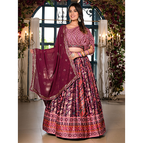 Satin Silk Fabric Purple Lehenga Choli With Dupatta