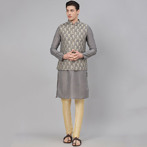 Cotton Blend Grey Stitched Kurta And Churidar Pyjama With Jacket