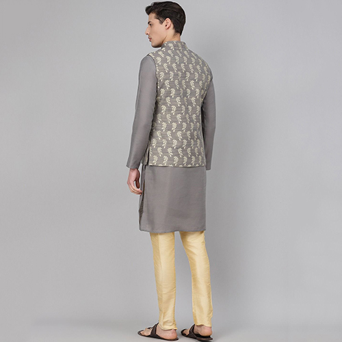 Cotton Blend Grey Stitched Kurta And Churidar Pyjama With Jacket