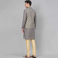 Cotton Blend Grey Stitched Kurta And Churidar Pyjama With Jacket
