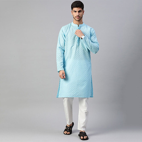 Mens Blue Straight Cotton Kurta With Pajama