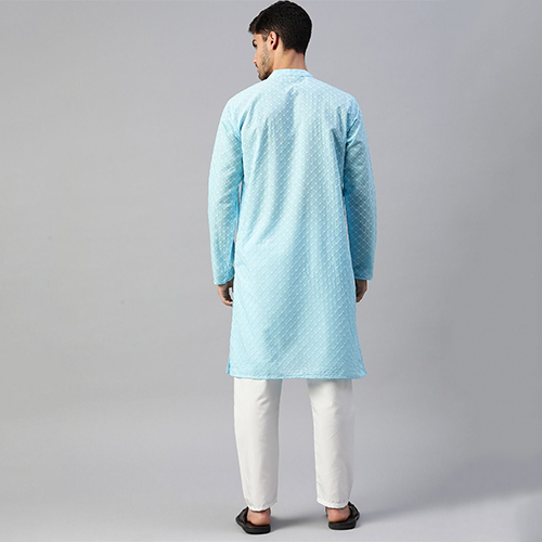 Mens Blue Straight Cotton Kurta With Pajama