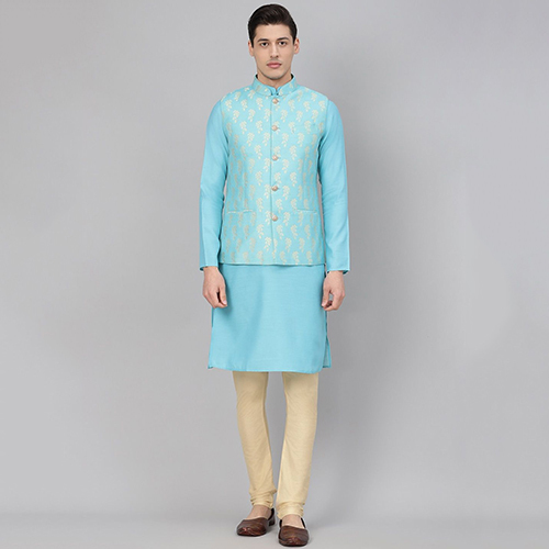 Cotton Blend Blue Stitched Kurta And Churidar Pyjama With Jacket